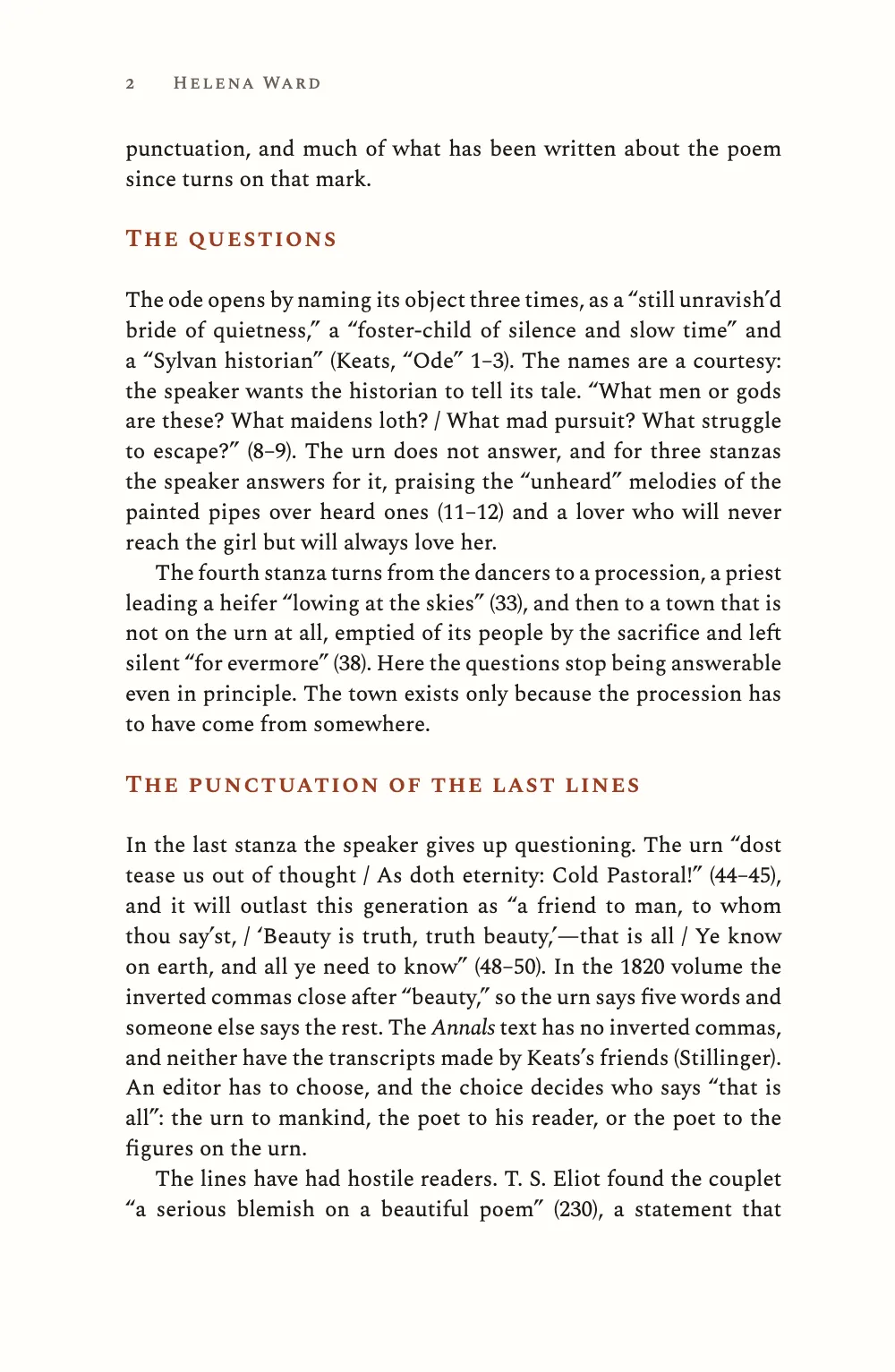 Page 2: The questions. Page 2: sections in red small capitals; quotations from the ode with MLA citations (Keats, “Ode” 1–3), then line numbers alone such as (8–9), and Eliot's phrase followed by (230).