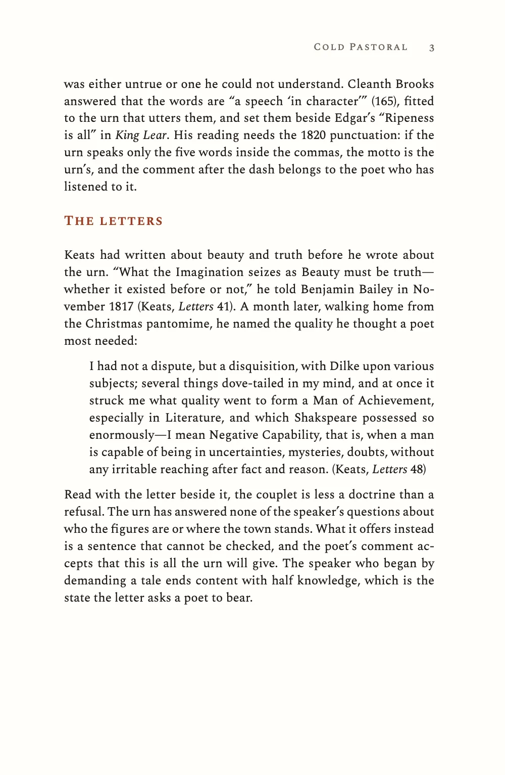 Page 3: The letters. Page 3: the section on the letters, with (Keats, Letters 41) and a block quotation set in 2 em whose citation (Keats, Letters 48) follows its final full stop.