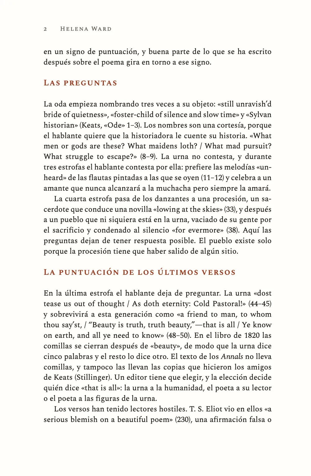 Página 2: Las preguntas. Página 2: títulos de sección en versalitas rojas; citas de la oda con referencias MLA (Keats, «Ode» 1–3), después solo los números de verso, como (8–9), y la frase de Eliot seguida de (230).
