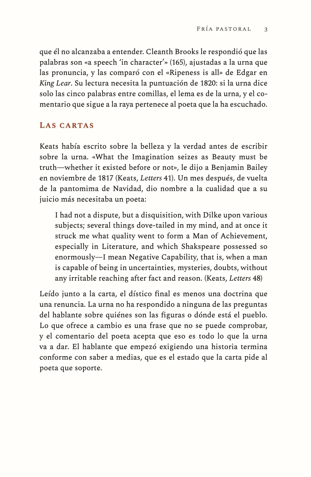 Página 3: Las cartas. Página 3: la sección de las cartas, con (Keats, Letters 41) y una cita en bloque sangrada 2 em cuya referencia (Keats, Letters 48) va tras el punto final.
