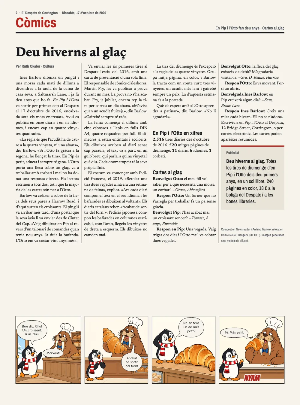Pàgina d'obertura 2: Deu hiverns al glaç. La pàgina interior: el titular Deu hiverns al glaç sobre quatre columnes amb una entrevista, un requadre de xifres, cartes de lectors i un anunci, i la tira diària del croissant al peu.