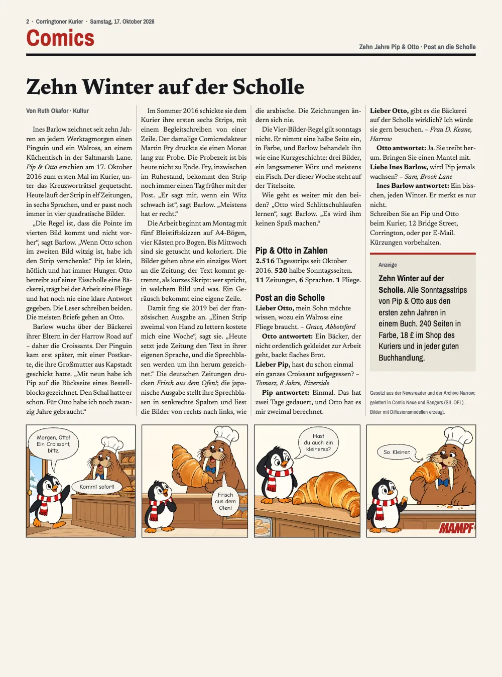 Kapitelauftakt, Seite 2: Zehn Winter auf der Scholle. Die Innenseite: die Schlagzeile „Zehn Winter auf der Scholle“ über vier Spalten mit einem Interview, dem Kasten „Pip & Otto in Zahlen“, Leserbriefen und einer Anzeige, und darunter, über die ganze Seitenbreite, der Tagesstrip über ein Croissant in vier Bildern („Morgen, Otto! Ein Croissant, bitte.“ … „So. Kleiner.“).