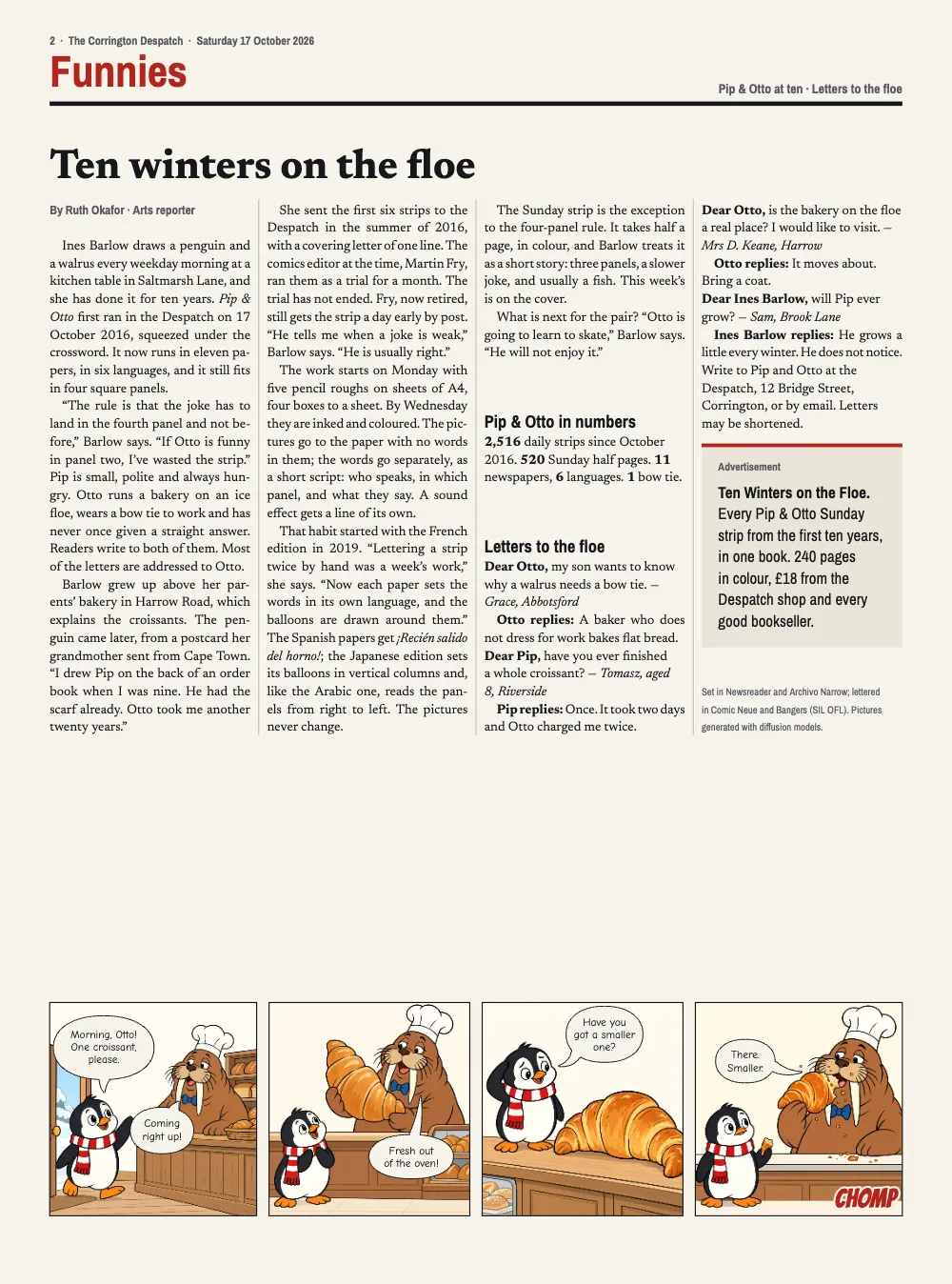 Opening page 2: Ten winters on the floe. The inside page: the headline Ten winters on the floe across four columns of text with an interview, a numbers box, readers' letters and an advert, and the four-panel daily strip about a croissant along the foot.