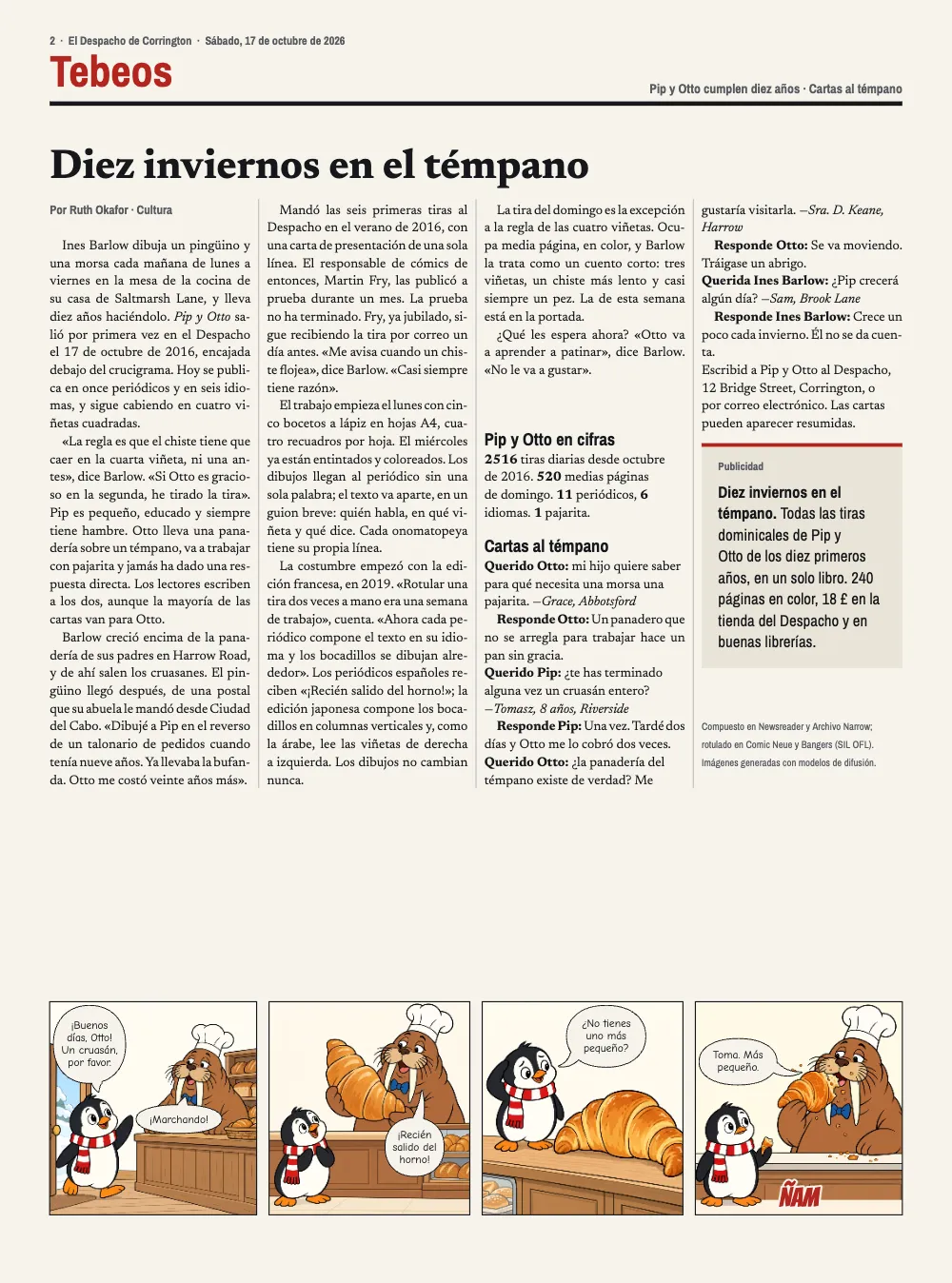 Página de apertura 2: Diez inviernos en el témpano. La página interior: el titular Diez inviernos en el témpano sobre cuatro columnas con una entrevista, un recuadro de cifras, cartas de lectores y un anuncio, y la tira diaria del cruasán al pie.