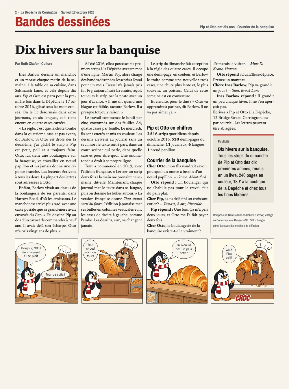 Page d’ouverture 2 : Dix hivers sur la banquise. La page intérieure : le titre « Dix hivers sur la banquise » sur quatre colonnes avec une interview, l’encadré « Pip et Otto en chiffres », le courrier des lecteurs et une publicité, et en dessous, sur toute la largeur de la page, le strip quotidien du croissant en quatre cases (« Bonjour, Otto ! Un croissant, s’il te plaît. » … « Voilà. Plus petit. »).
