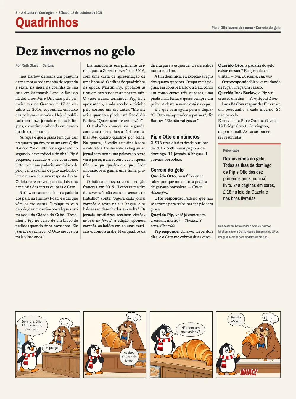 Página de abertura 2: Dez invernos no gelo. A página interna: o título Dez invernos no gelo sobre quatro colunas com uma entrevista, o boxe Pip e Otto em números, as cartas do Correio do gelo e um anúncio, e a tirinha diária do croissant no pé da página (“Bom dia, Otto! Um croissant, por favor.”, “Acabou de sair do forno!”, “Não tem um menorzinho?”, NHAC!, “Pronto. Menor.”).