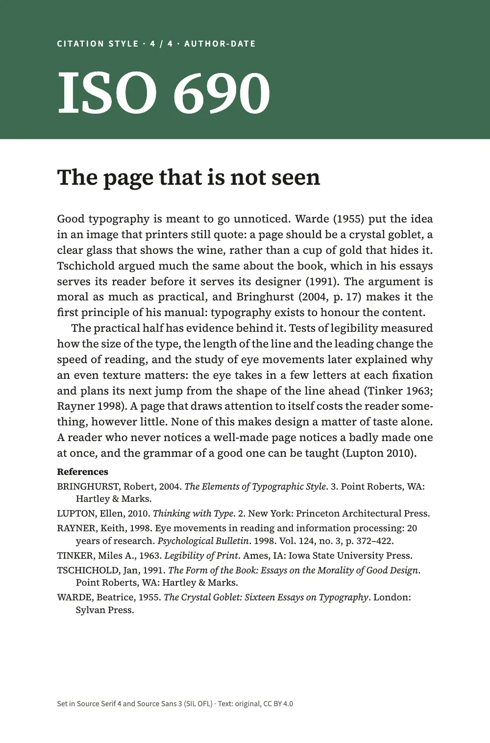 Opening page 1: The page that is not seen. Page 4: under a green band reading ISO 690, the same essay with author-date citations and a list whose surnames are set in capitals.