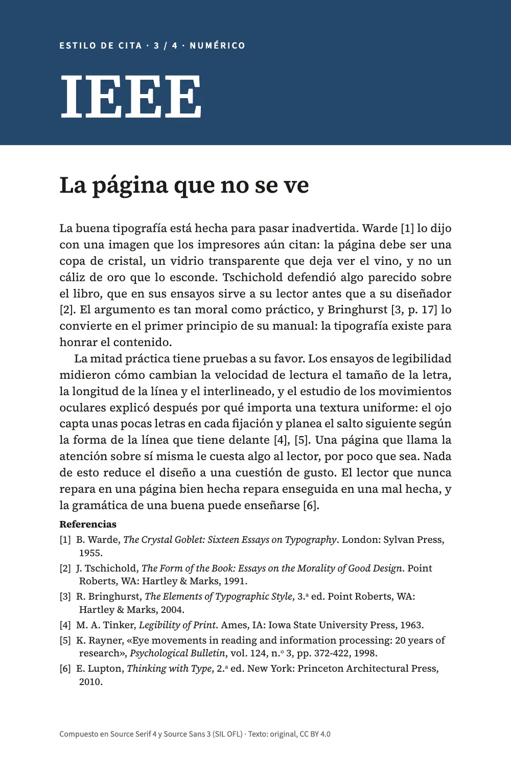 Página de apertura 1: La página que no se ve. Página 3: bajo una banda azul oscuro que dice IEEE, el mismo ensayo con números entre corchetes, de Warde [1] a [6], y una lista numerada por orden de cita.