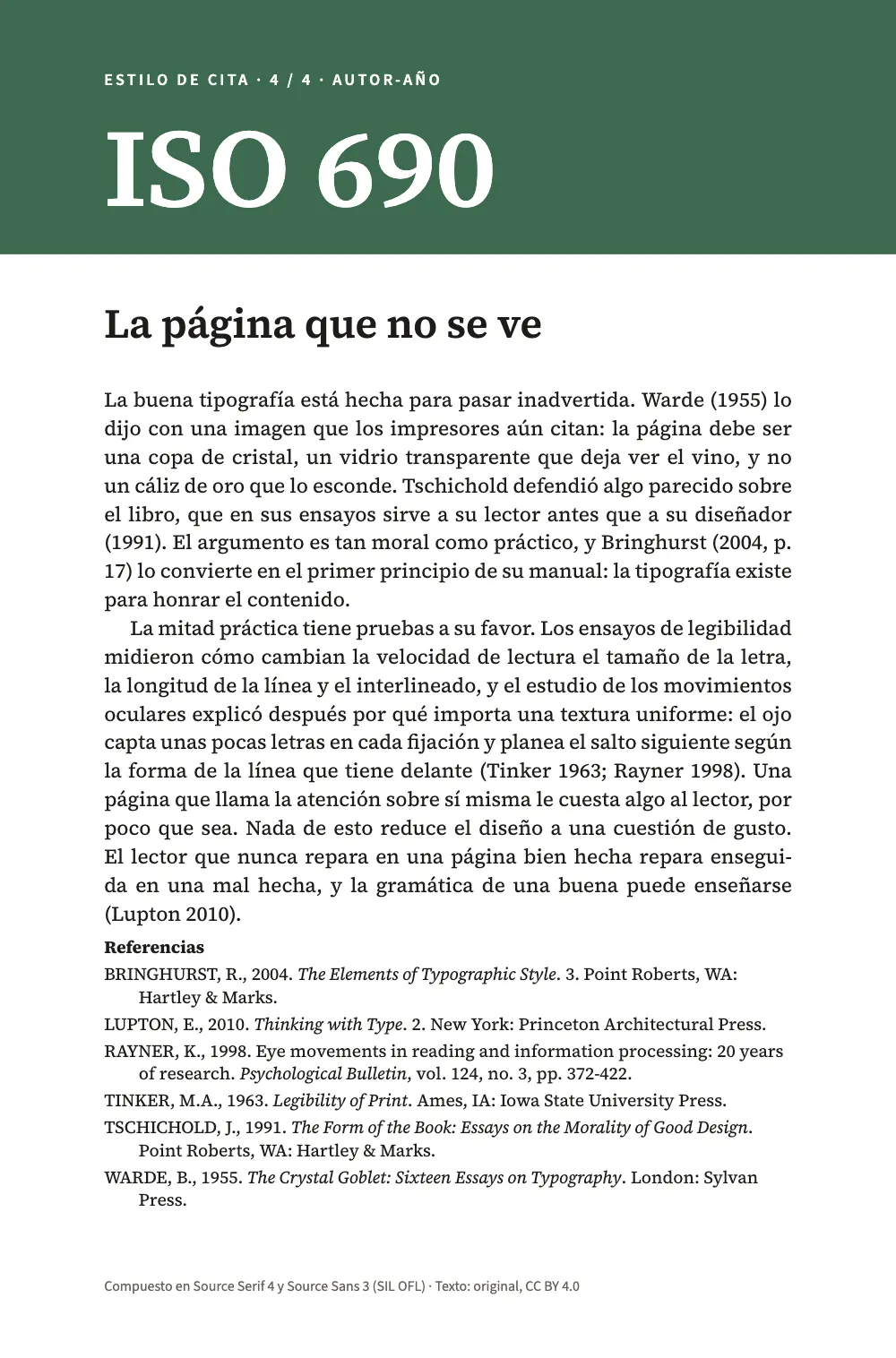Página de apertura 1: La página que no se ve. Página 4: bajo una banda verde que dice ISO 690, el mismo ensayo con citas autor-año y una lista con los apellidos en mayúsculas.
