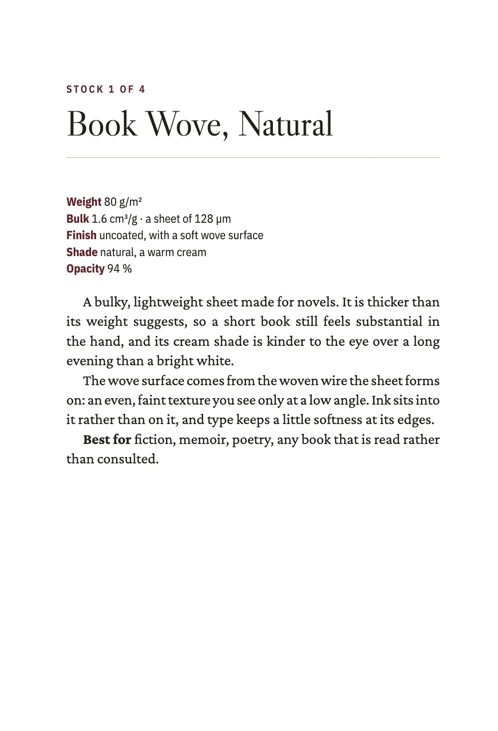 Opening page 3: Book Wove, Natural. The card for Book Wove, Natural: a kicker, the stock's name over a hairline, five specification lines with bold labels and two paragraphs on the paper.