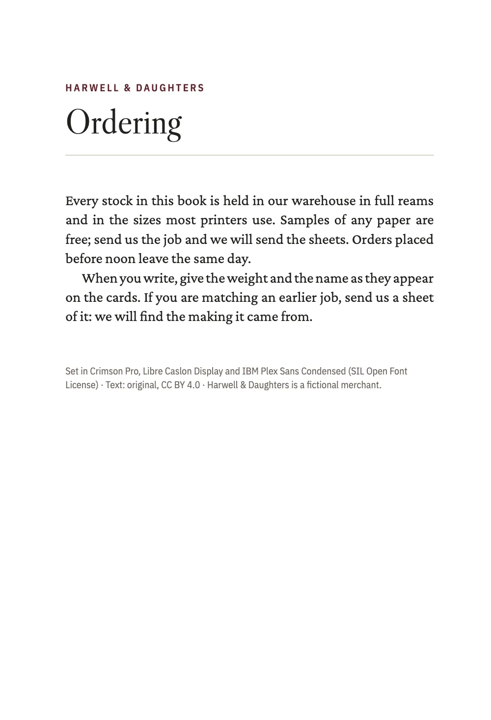 Opening page 11: Ordering. The bible paper's specimen: six glossary entries with hanging indents.
