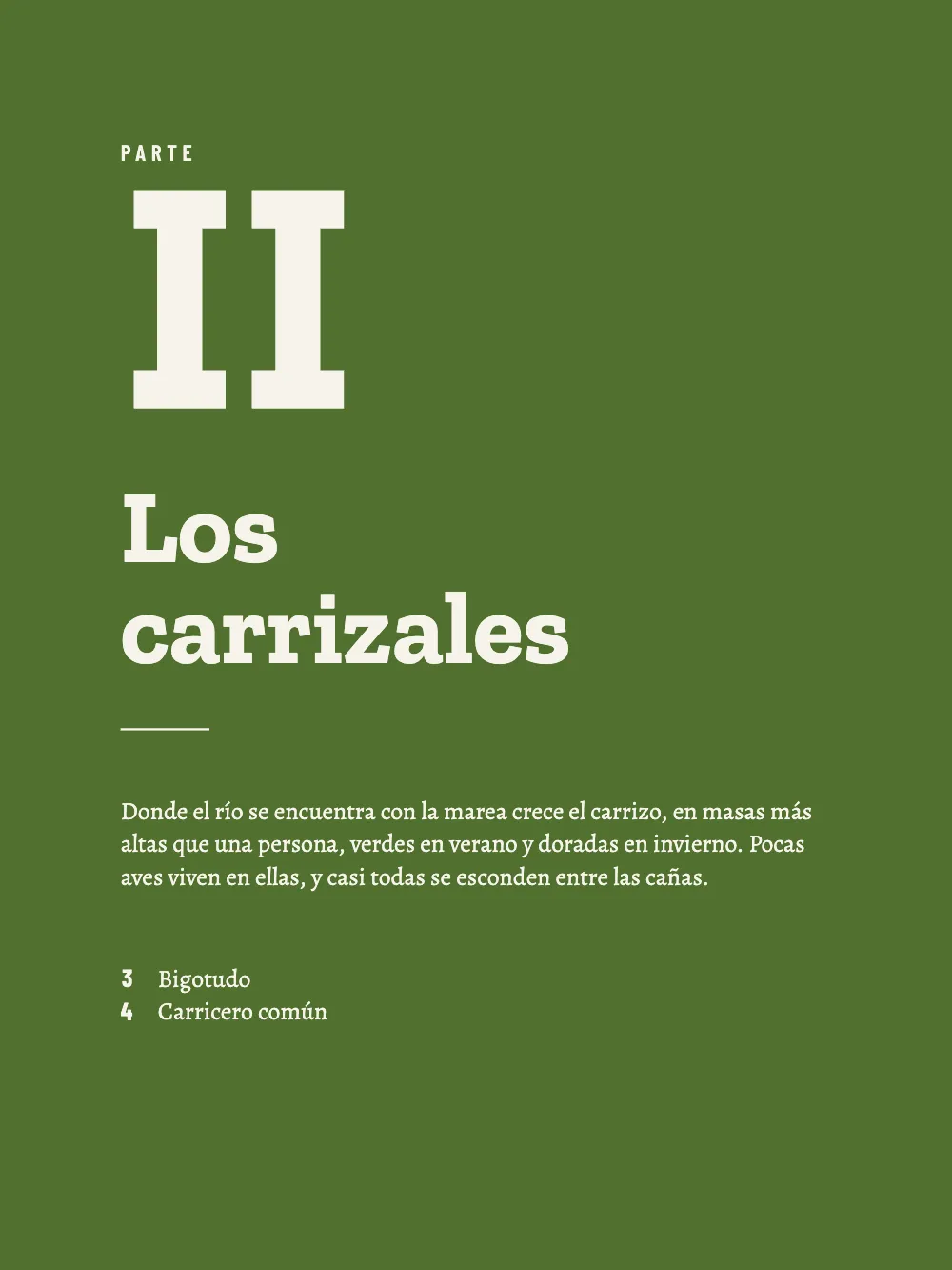 Portadilla de parte 7: PARTE II Los carrizales.