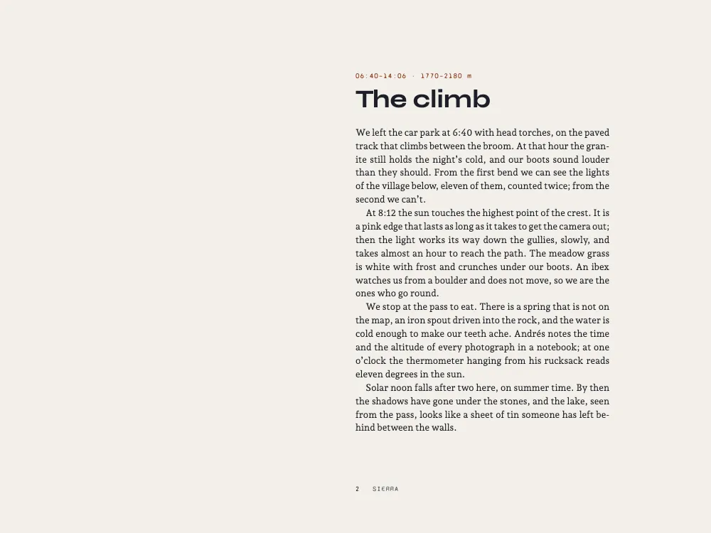 Page 2: The climb. A text page on pale stone paper: the hours in small rust monospace, the title The climb in a wide bold sans, four justified paragraphs in a 100 mm column near the spine, and the folio at the foot.