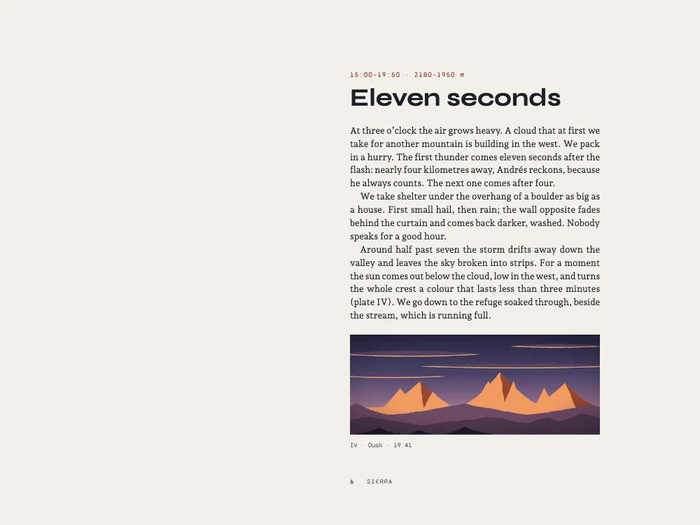 Page 6: Eleven seconds. IV · Dusk · 19:41. The text Eleven seconds, and under it plate IV, a narrow dusk panorama of a crest lit orange under strips of cloud in a violet sky, captioned IV, Dusk, 19:41.