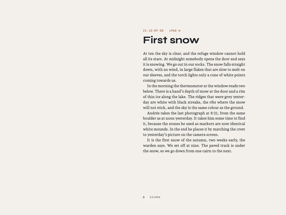 Page 8: First snow. The text First snow, in four paragraphs.