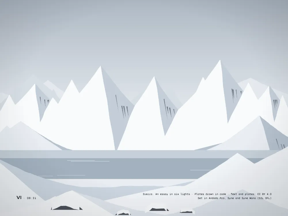 Opening page 9: Snow. The last plate: the cirque of the noon plate white with new snow, numbered VI, 08:31, with the colophon in two lines of small type in the lower right.