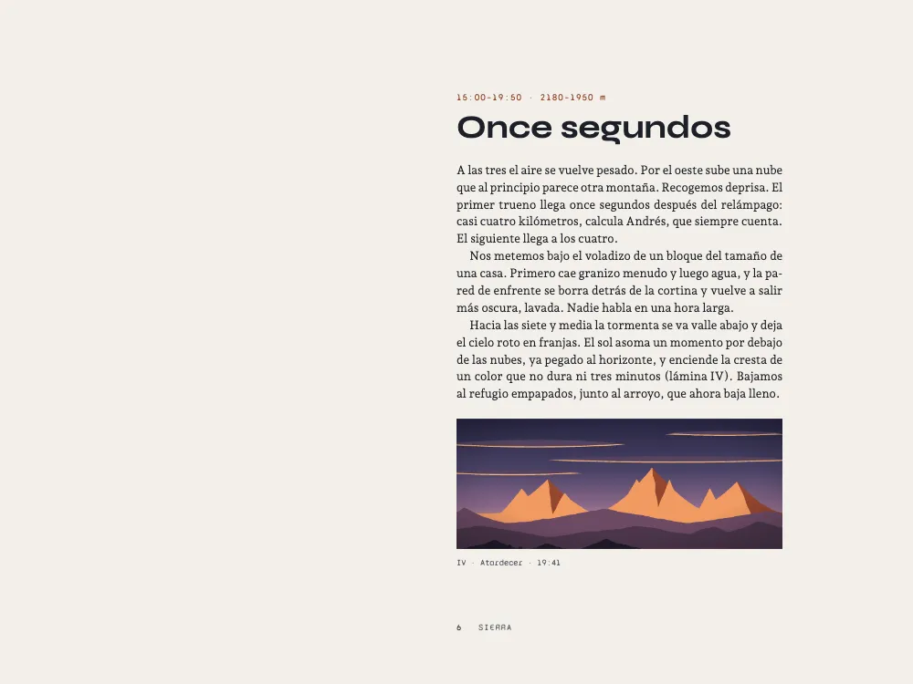 Página 6: Once segundos. IV · Atardecer · 19:41. El texto Once segundos y, debajo, la lámina IV: una panorámica estrecha del atardecer, con una cresta encendida de naranja bajo franjas de nube en un cielo violeta y el pie IV, Atardecer, 19:41.