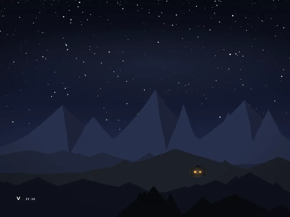 Página de apertura 7: Noche. La lámina de la noche: estrellas sobre crestas oscuras y dos ventanas encendidas en un refugio, con el número V y 22:10.