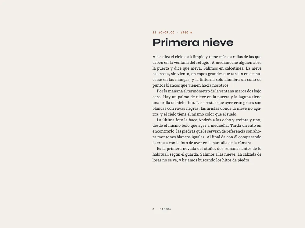 Página 8: Primera nieve. El texto Primera nieve, en cuatro párrafos.
