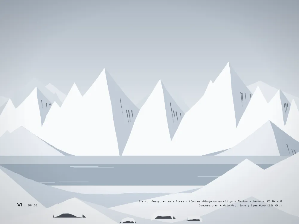 Página de apertura 9: Nieve. La última lámina: el circo de la lámina del mediodía, blanco de nieve nueva, con el número VI y 08:31, y el colofón en dos líneas de letra pequeña abajo a la derecha.