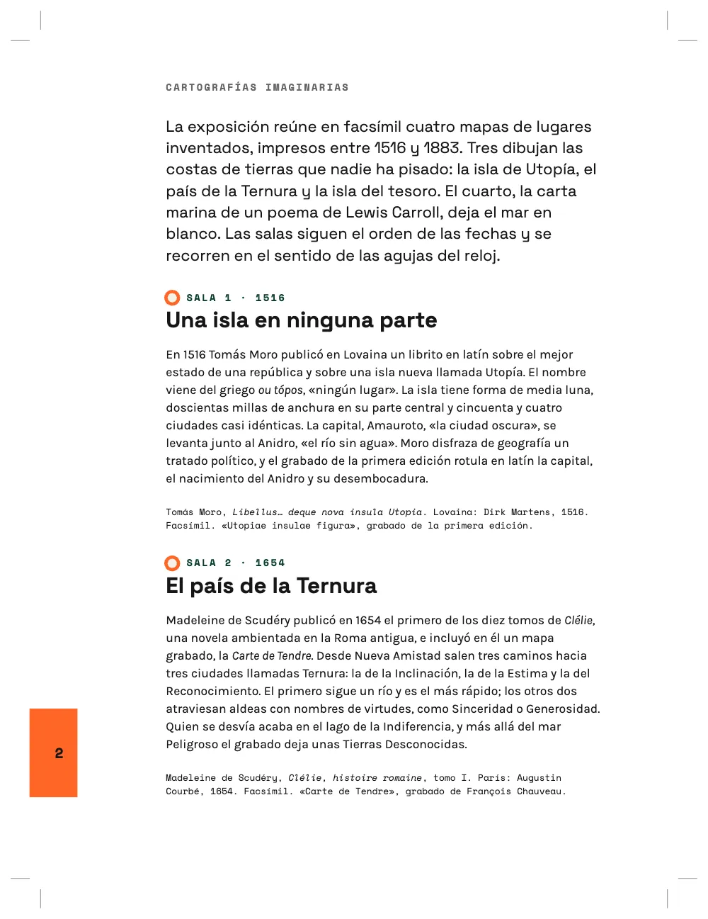 Página 2: Sala 1 Una isla en ninguna parte. La primera página interior: la entradilla, las salas 1 y 2 con su antetítulo junto a una parada de la ruta y su ficha, y un uñero naranja con el folio 2 que sale por el borde izquierdo.