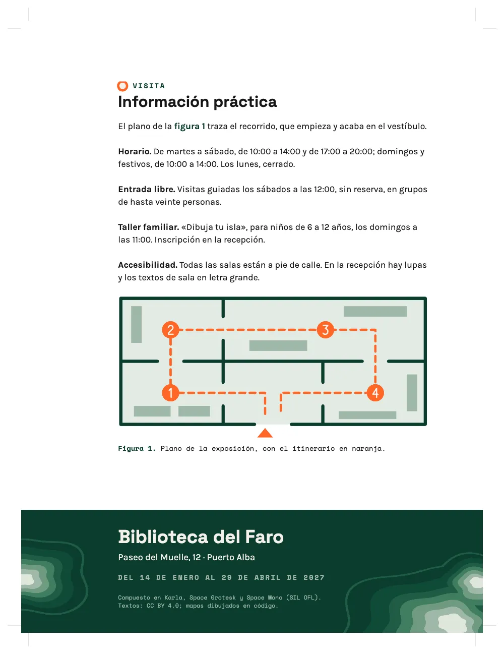 Página de apertura 4: Información práctica. Figura 1. Plano de la exposición, con el itinerario en naranja. La contracubierta: la información práctica, el plano de la exposición (figura 1) con el itinerario naranja que sale del vestíbulo y recorre las salas 1 a 4, y una banda de relieve verde a sangre por tres lados con el lugar, las fechas y el colofón.