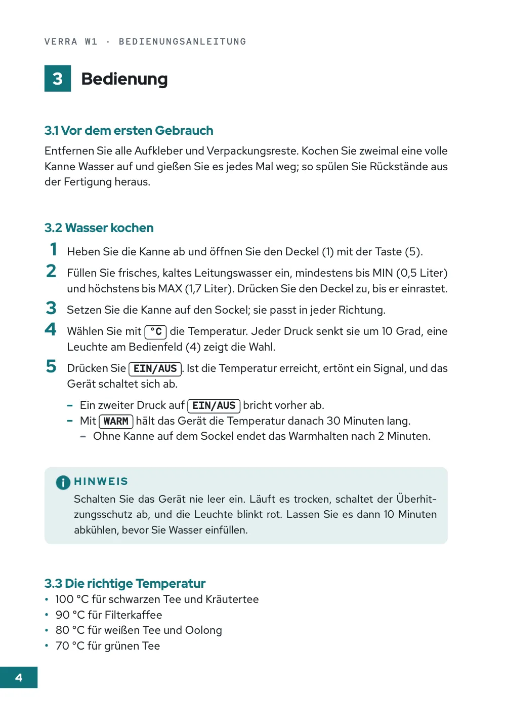Page 4: 3 Bedienung. Section 3: steps numbered in large teal figures with outlined key chips, dashes nested two levels under the last step, a teal HINWEIS box with rounded corners and an info icon, and a four-item temperature list.