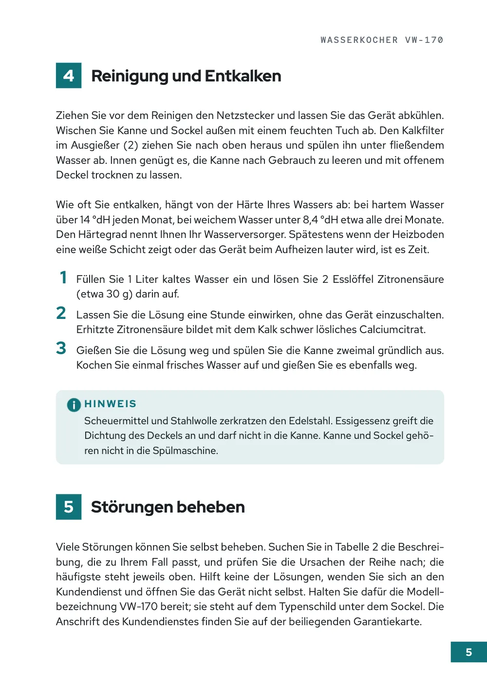 Page 5: 4 Reinigung und Entkalken. Section 4, Reinigung und Entkalken: two paragraphs, three descaling steps under large teal numbers and a HINWEIS box, then section 5, Störungen beheben, whose paragraph cites Tabelle 2.