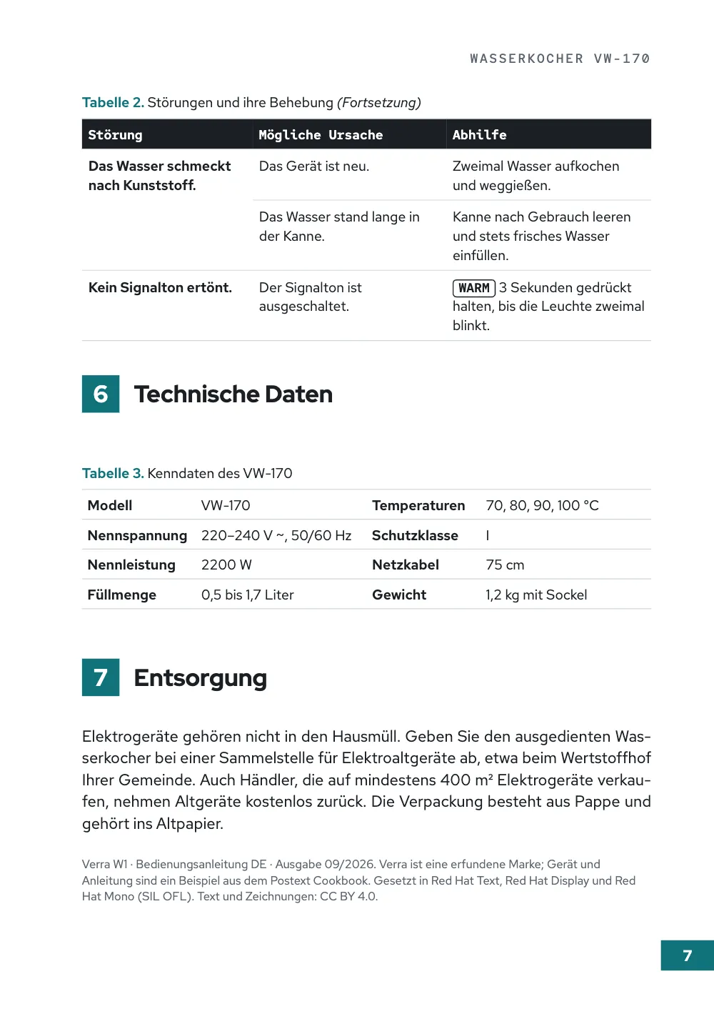 Page 7: 6 Technische Daten. Tabelle 3. Kenndaten des VW-170 · Tabelle 2. Störungen und ihre Behebung (Fortsetzung). Tabelle 2 continued under its repeated head and (Fortsetzung) in the caption, then Technische Daten in a four-column table and Entsorgung with a colophon.