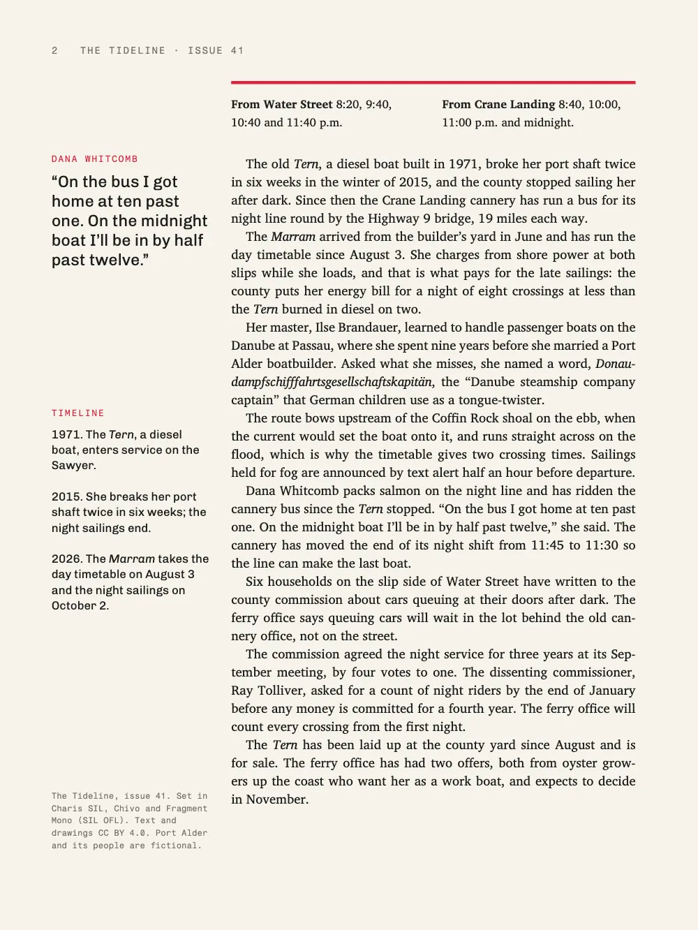 Page 2. Page 2: the fact box continues untitled under its red rule with the two-column timetable, then the story runs on in justified serif. The outer column holds a pull quote from Dana Whitcomb, a timeline of the two boats (1971, 2015, 2026) and, at its foot, the colophon.