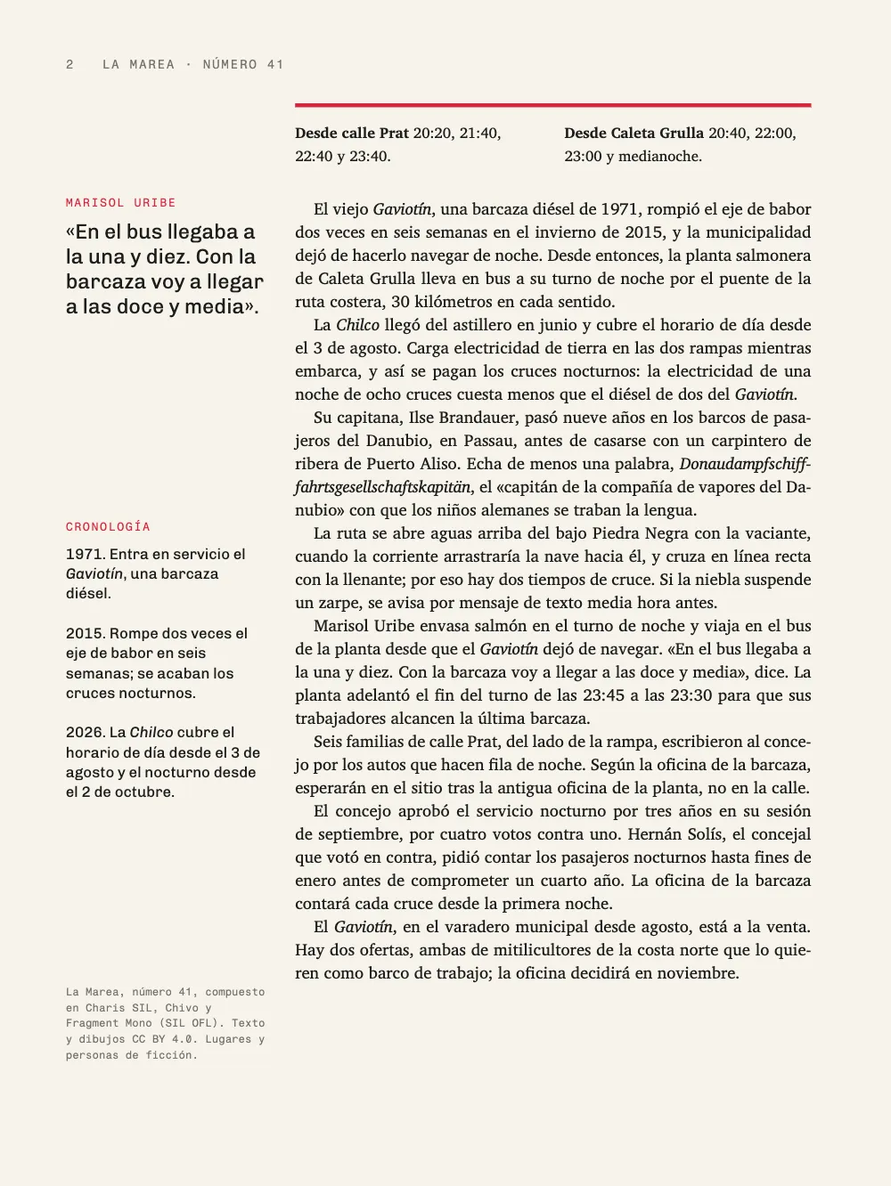 Página 2. Página 2: el recuadro sigue sin título bajo su filete rojo, con el horario a dos columnas, y después continúa la noticia en romana justificada. La columna exterior lleva una cita destacada de Marisol Uribe, una cronología de las dos barcazas (1971, 2015, 2026) y, al pie, el colofón.