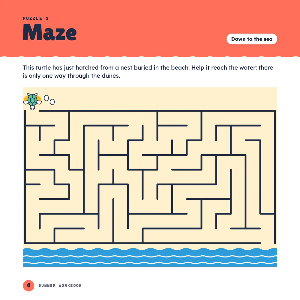 Opening page 4: Maze. Puzzle 3 under a coral band: a maze on pale sand from a nest at the top left, where a turtle has just hatched beside two empty shells, to an opening onto a blue sea at the bottom right.