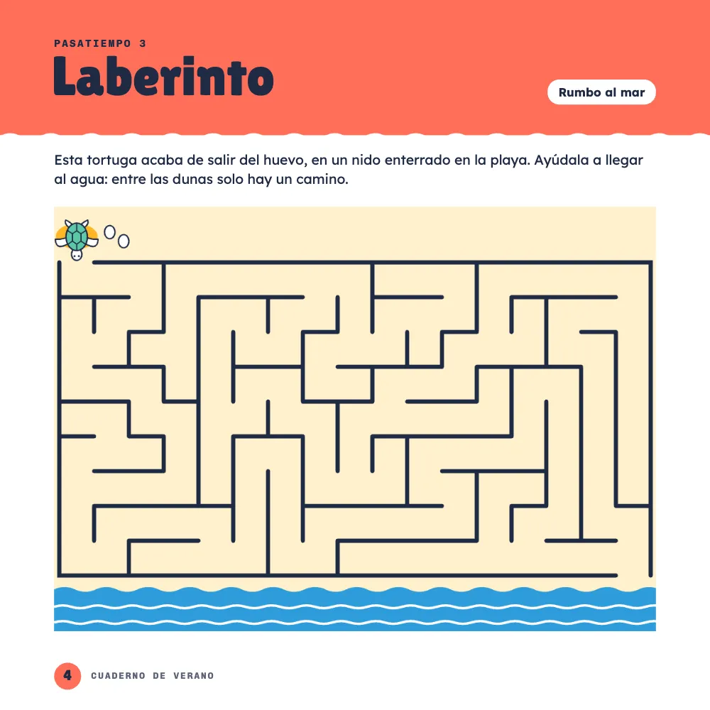 Página de apertura 4: Laberinto. Pasatiempo 3 bajo una banda coral: un laberinto sobre arena clara, desde un nido arriba a la izquierda, donde una tortuga acaba de salir del huevo junto a dos cáscaras vacías, hasta una salida al mar azul abajo a la derecha.