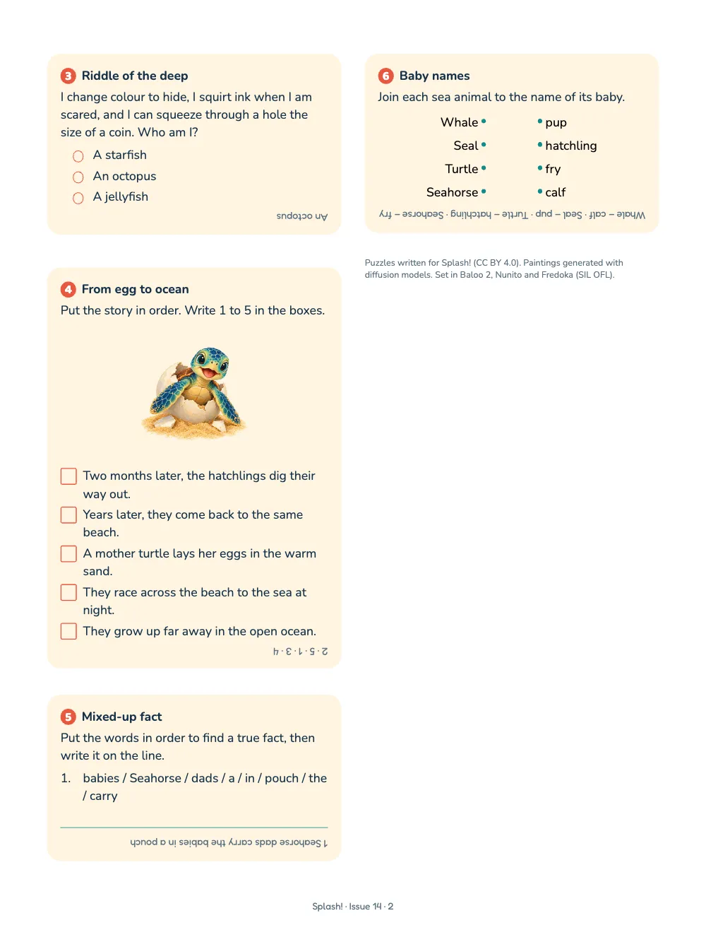 Page 2. The second page: cards for a riddle with three ringed options, a story to order with a painted hatchling turtle and five boxes, a mixed-up fact with a line to write it on, and a matching puzzle with dots, each with its answers upside down.