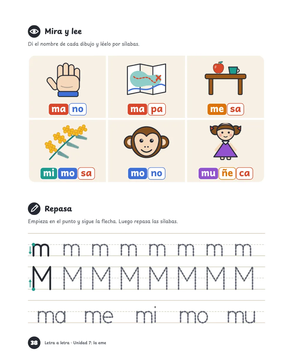 Página 38: Mira y lee. Seis palabras con dibujo, mano, mapa, mesa, mimosa, mono y muñeca, en una tabla redondeada de baldosas crema, cada dibujo sobre sus sílabas; debajo, pautas para repasar m, M y las cinco sílabas.