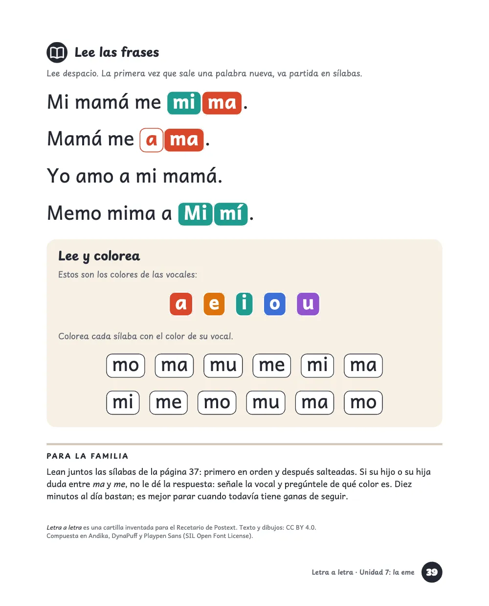 Página 39: Lee las frases. Cuatro frases a 24 pt con las palabras nuevas en chips de sílabas, un recuadro crema de sílabas para colorear, una nota para la familia y el colofón.