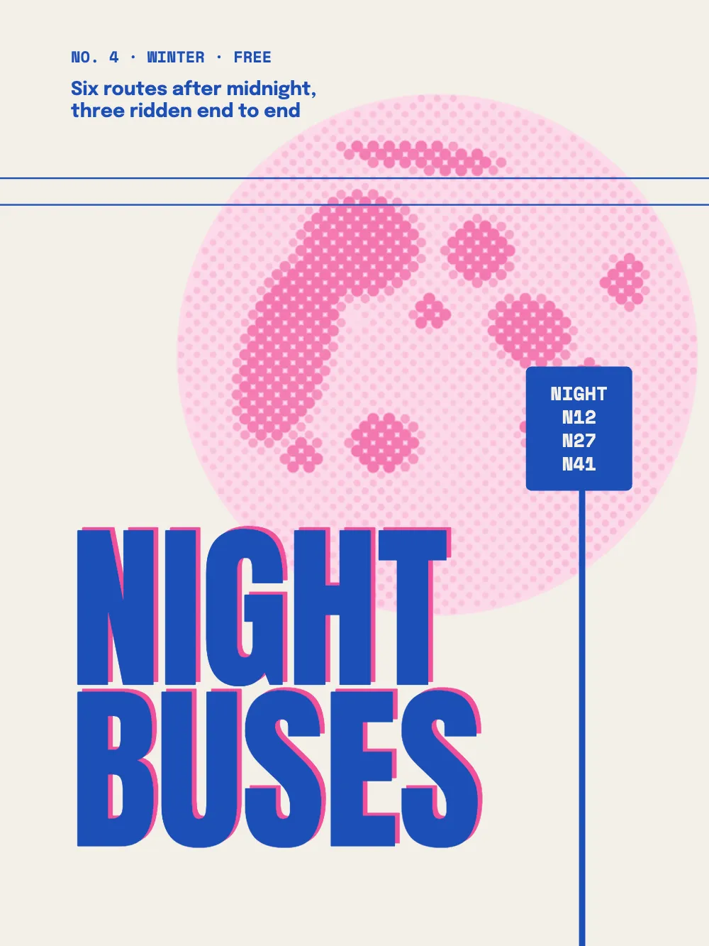 Opening page 1: Night Buses. The cover: the issue number and the line Six routes after midnight, three ridden end to end, then a pink halftone full moon behind two blue overhead wires, a blue bus-stop pole whose flag lists NIGHT, N12, N27 and N41, and NIGHT BUSES in tall condensed capitals, blue over a pink copy set slightly off register.