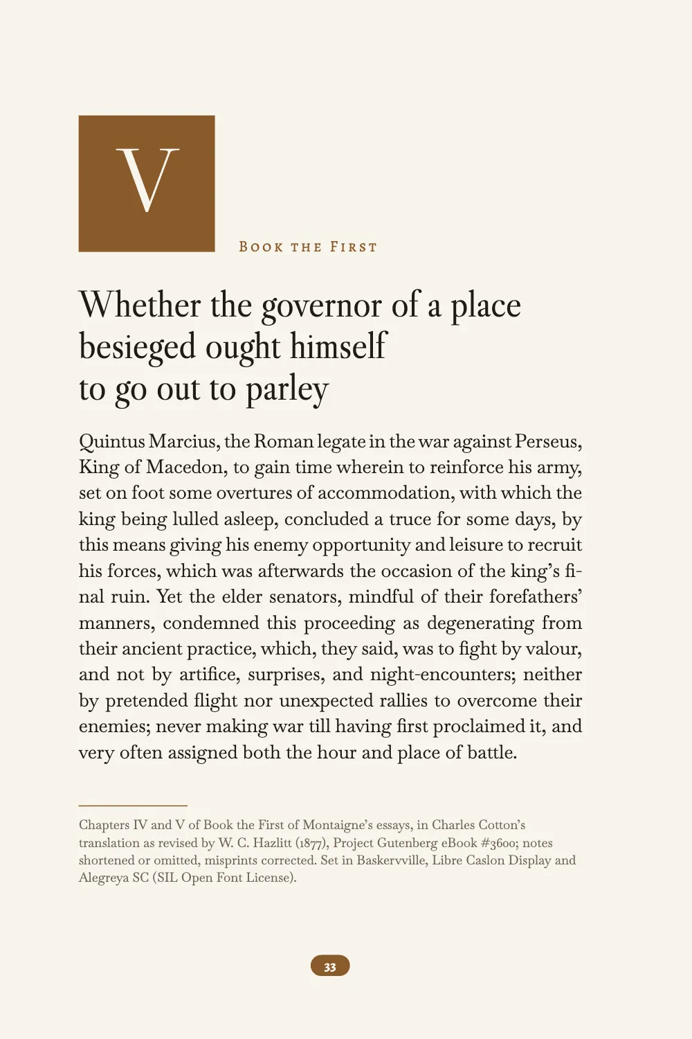 Opening page 33: Whether the governor of a place besieged ought himself to go out to parley.