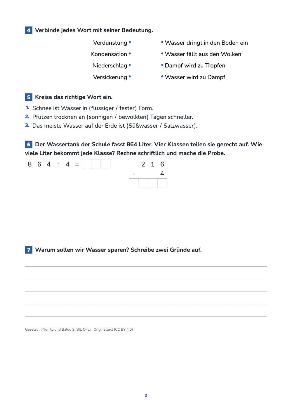Seite 2. Die zweite Seite: Wörter, die über Punkte mit ihrer Bedeutung verbunden werden, Wörter zum Einkreisen in Sätzen, eine Division und eine Multiplikation in Kästchen und eine offene Frage mit Schreiblinien.