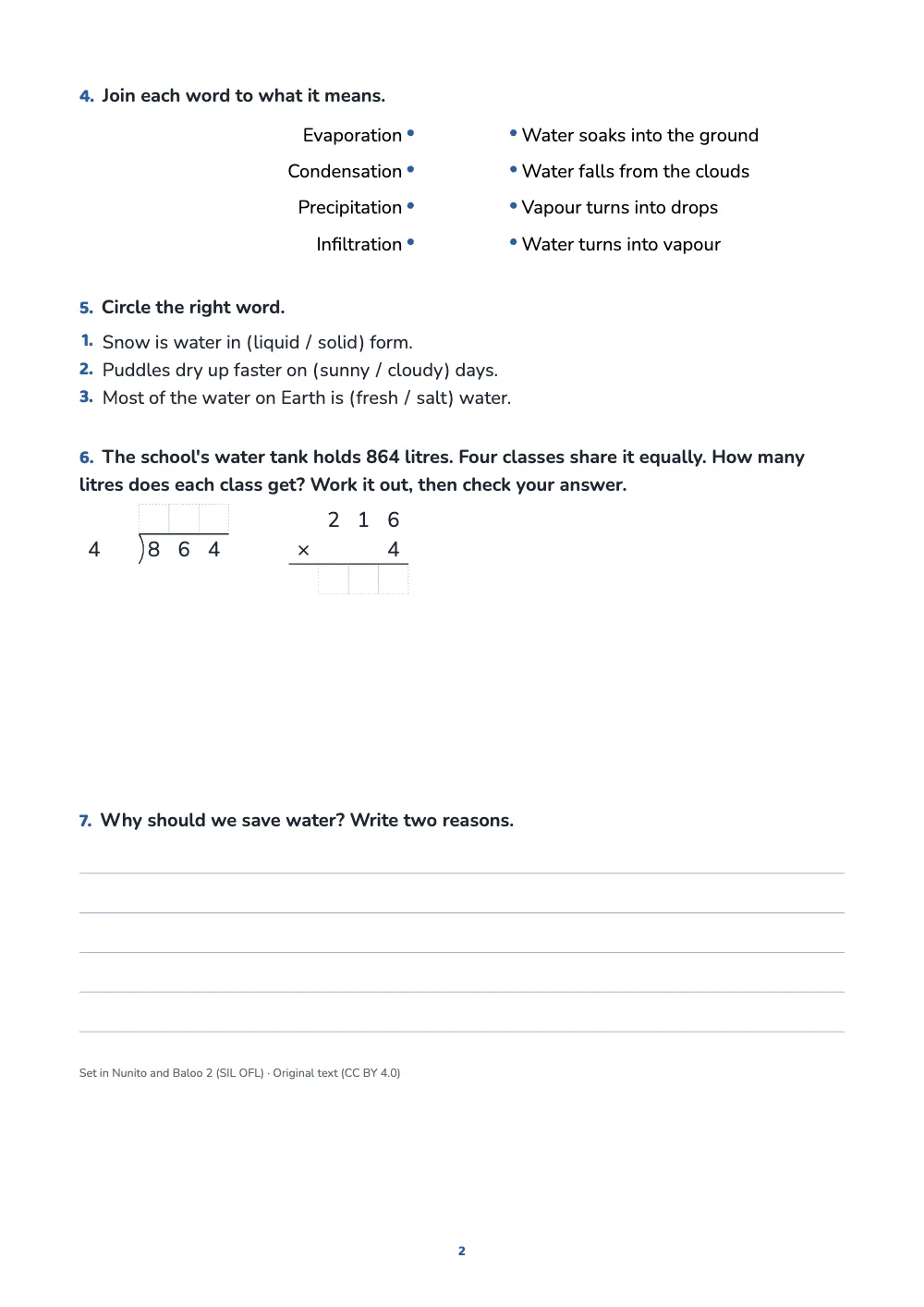 Page 2. The second page: words to join to their meanings with dots, words to circle in sentences, a long division and a multiplication set in squares, and an open question with lines to write on.