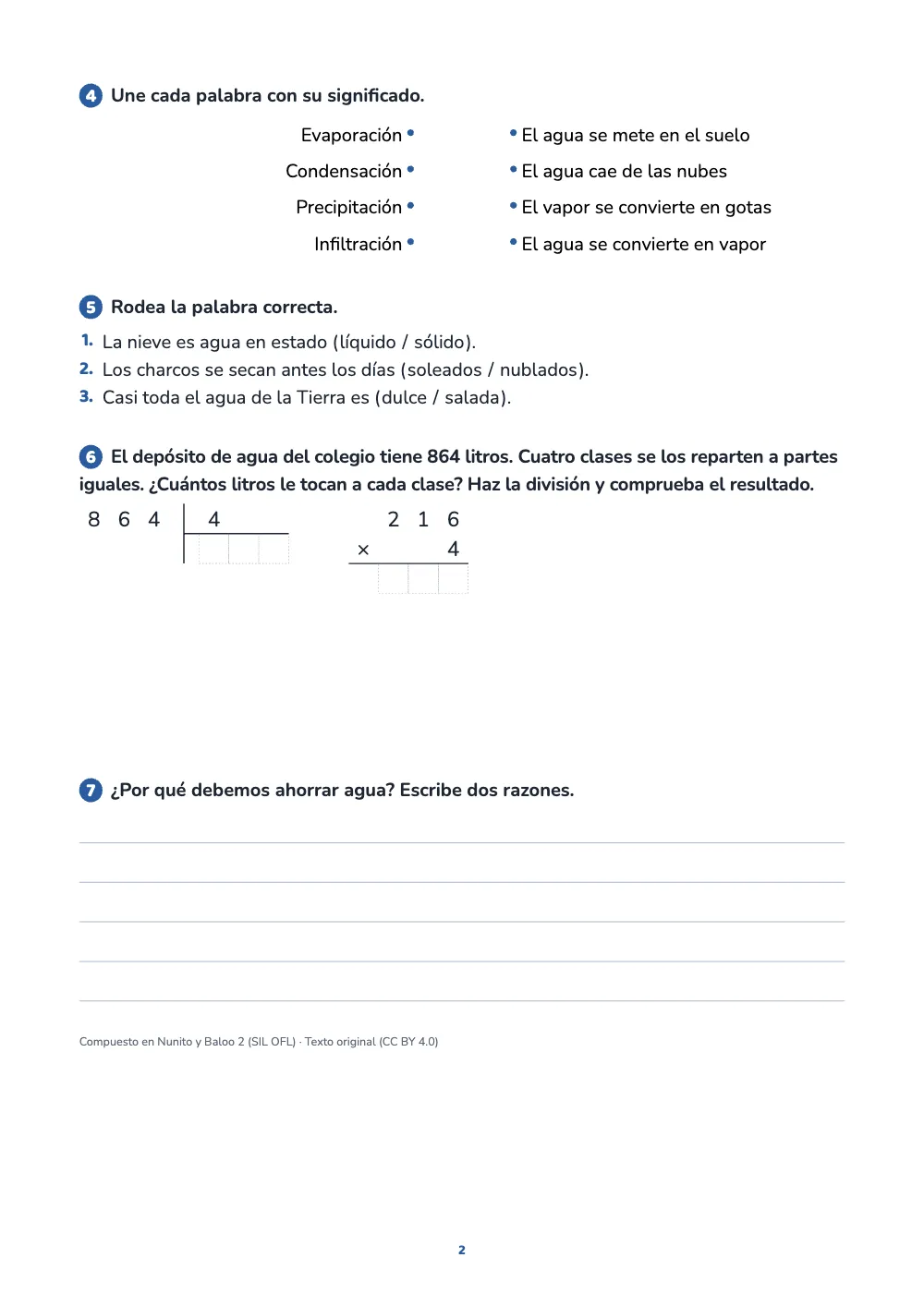 Página 2. La segunda página: palabras que unir con su significado mediante puntos, palabras que rodear en frases, una división y una multiplicación en casillas y una pregunta abierta con renglones.