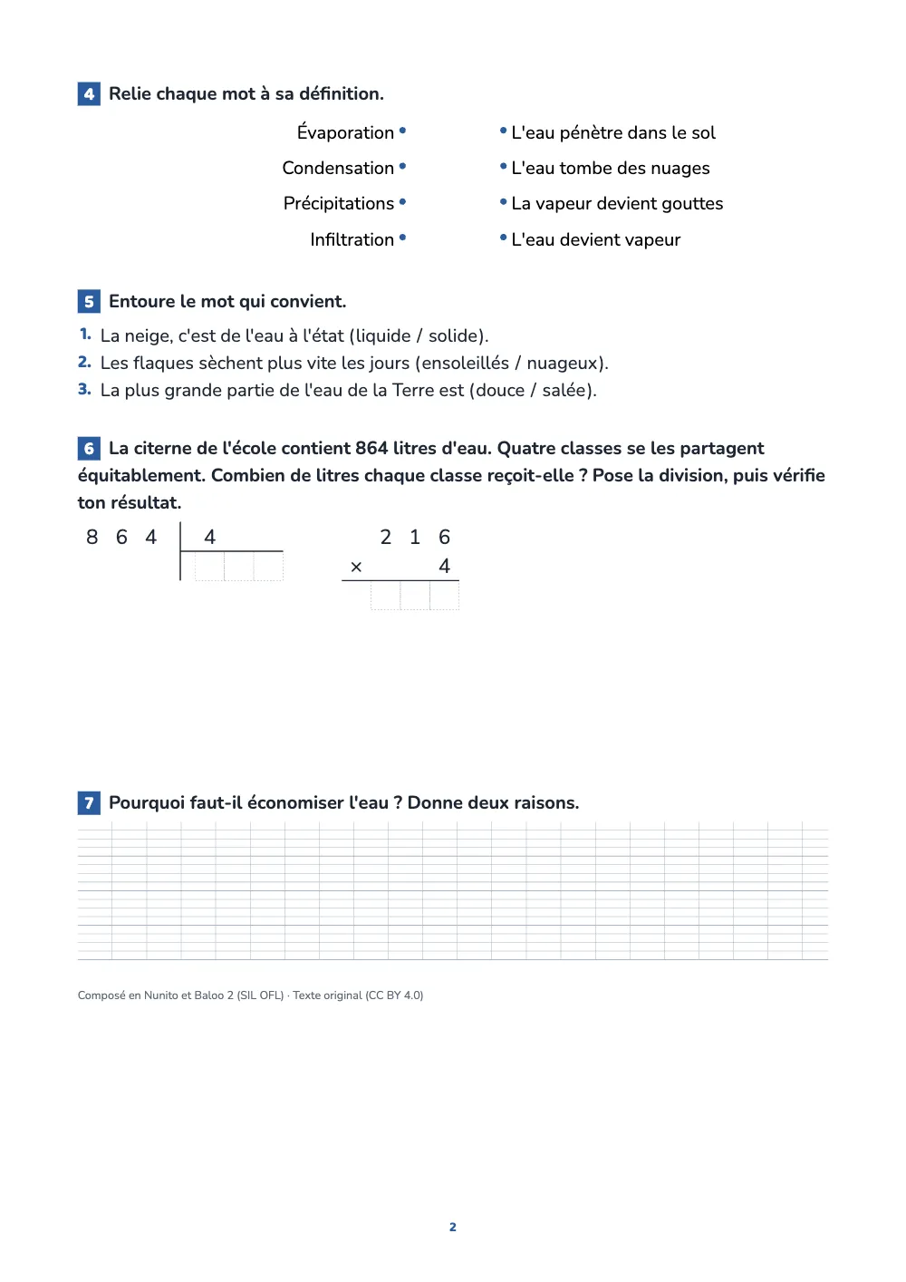 Page 2. La deuxième page : des mots à relier à leur définition par des points, des mots à entourer dans des phrases, une division et une multiplication posées dans des cases, et une question ouverte avec des lignes pour écrire.