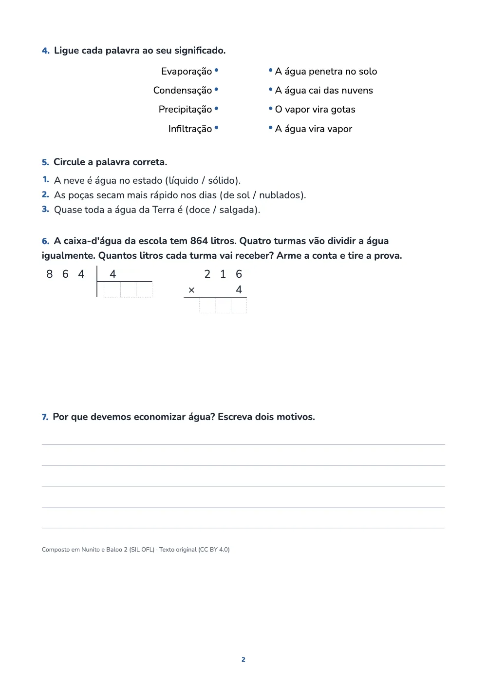 Página 2. A segunda página: palavras para ligar ao seu significado pelos pontinhos, palavras para circular em frases, uma divisão e uma multiplicação armadas em quadradinhos e uma pergunta aberta com linhas para escrever.