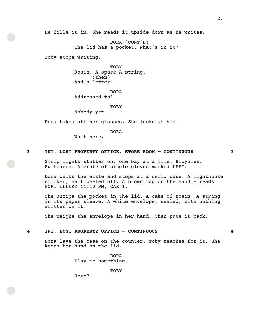Page 2: 3 INT. LOST PROPERTY OFFICE, STORE ROOM — CONTINUOUS. Page 2, numbered 2. at the top right: Toby filling in the claim form while Dora reads it upside down, a speech marked DORA (CONT’D), Toby naming what is in the lid pocket with a (then) between two lines, scene 3 in the store room, and scene 4 up to Dora's “Play me something.” and Toby's “Here?”