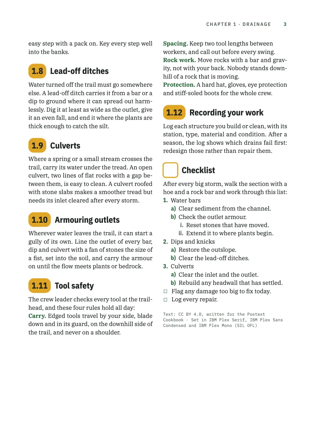Page 3: 1.8 Lead-off ditches. The end of 1.7, then sections 1.8 to 1.12, the pill widening from 1.9 to 1.10, safety rules opening on green bold terms, and an unnumbered Checklist beside a hollow amber square, with a list numbered 1., a) and i. and two task boxes; a small grey colophon closes the chapter.