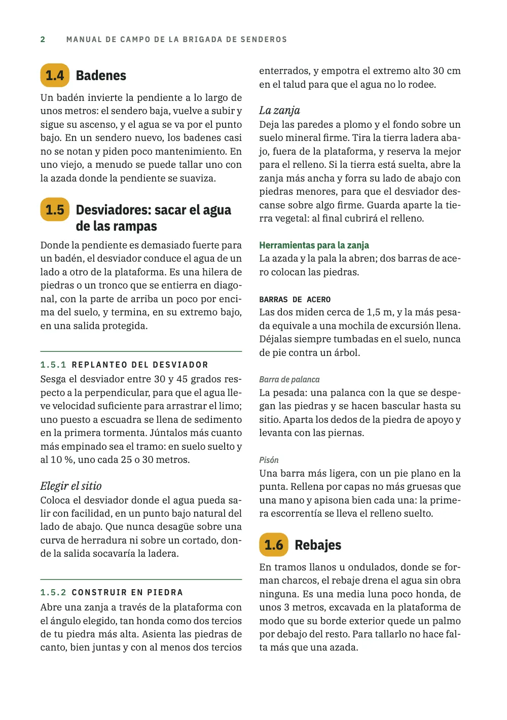 Página 2: 1.4 Badenes. Las secciones 1.4 a 1.6 llenan las dos columnas; la 1.5, cuyo título pasa a dos líneas junto a su píldora, reúne los niveles más hondos del capítulo: los títulos con filete 1.5.1 y 1.5.2, títulos en cursiva, el título verde Herramientas para la zanja, la etiqueta Barras de acero en mayúsculas de paso fijo y, bajo ella, los nombres de dos herramientas en cursiva gris.
