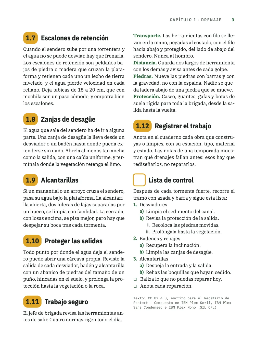 Página 3: 1.7 Escalones de retención. Las secciones 1.7 a 1.12, con la píldora que se ensancha del 1.9 al 1.10, normas de seguridad que empiezan por términos en negrita verde y una Lista de control sin número, con un cuadrado ámbar hueco al lado, una lista numerada 1., a) e i. y dos casillas de tarea; un colofón gris en letra pequeña cierra el capítulo.