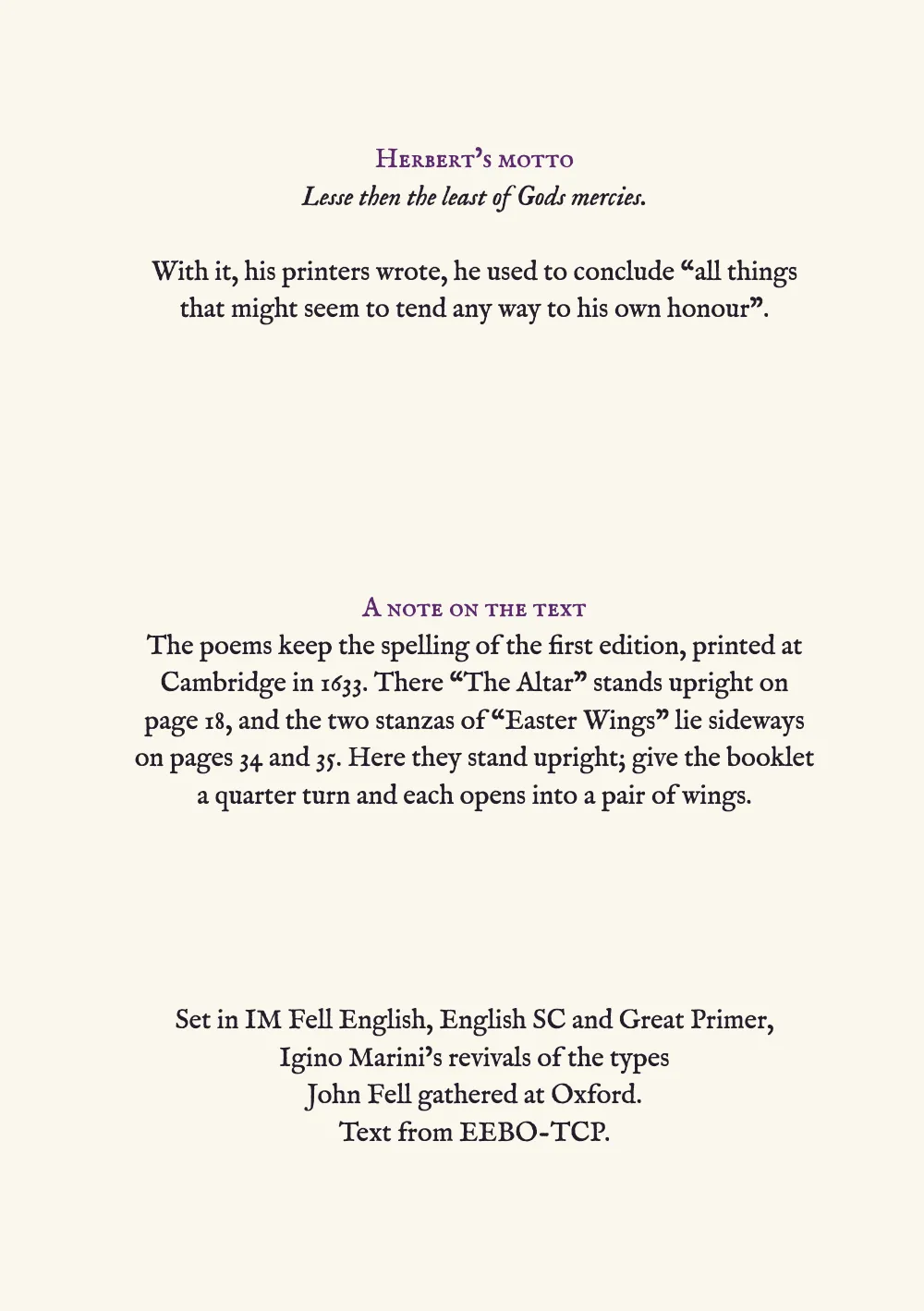Page 4: Herbert’s motto. The last page: Herbert’s motto in italic under a small-capital label, with a line from his printers; a note on the 1633 printing under a second label, level with the Psalm label of page 1; and a colophon of four centred lines, each shorter than the one above.