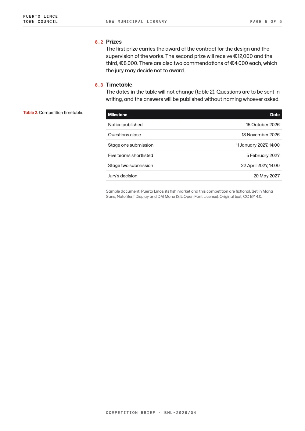 Page 5: 6.2 Prizes. Table 2. Competition timetable.