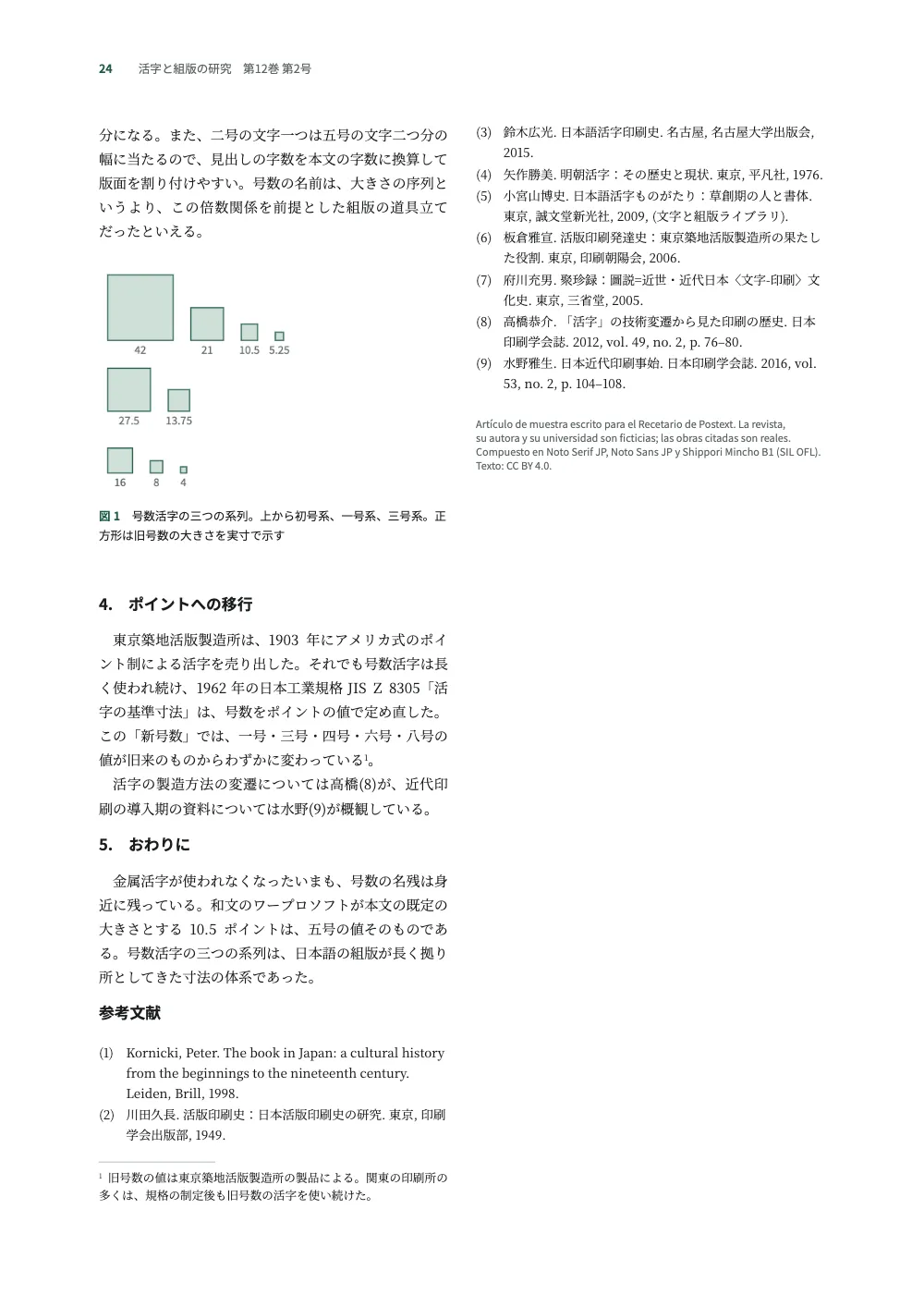 Página 24: 4. ポイントへの移行. 図1 号数活字の三つの系列。上から初号系、一号系、三号系。正 方形は旧号数の大きさを実寸で示す.
